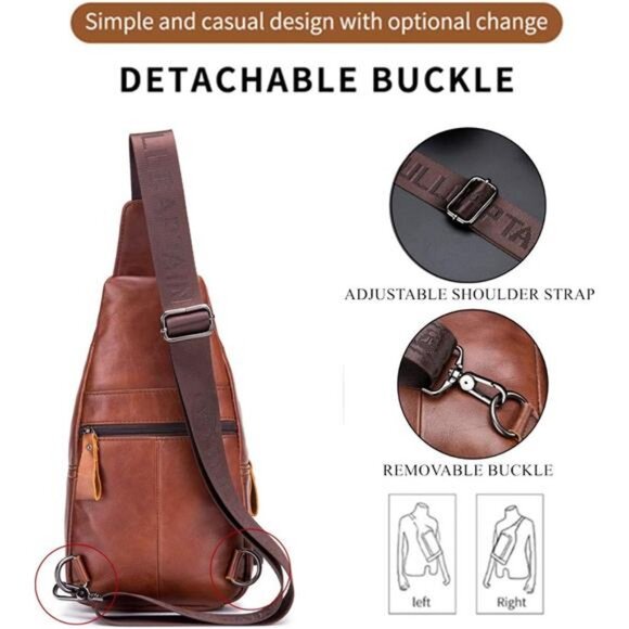 Genuine Leather Sling Bag with USB Charging Port Multi-pocket Chest - Picture 3 of 7